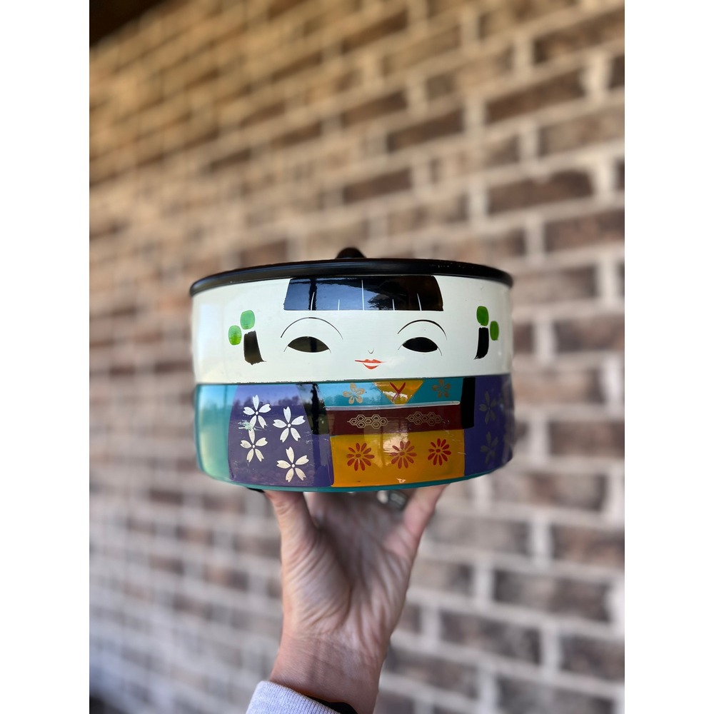 Vintage MCM Enamelware Kokeshi Doll Stacking Bowls Two Tier Lidded Tin Teal